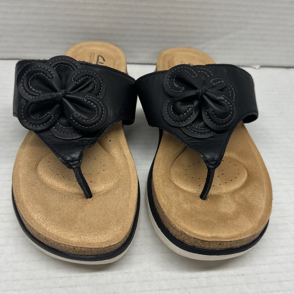 Clarks Women Flip Flop Thong Sandals Sz 8 Brynn Style Black Leather